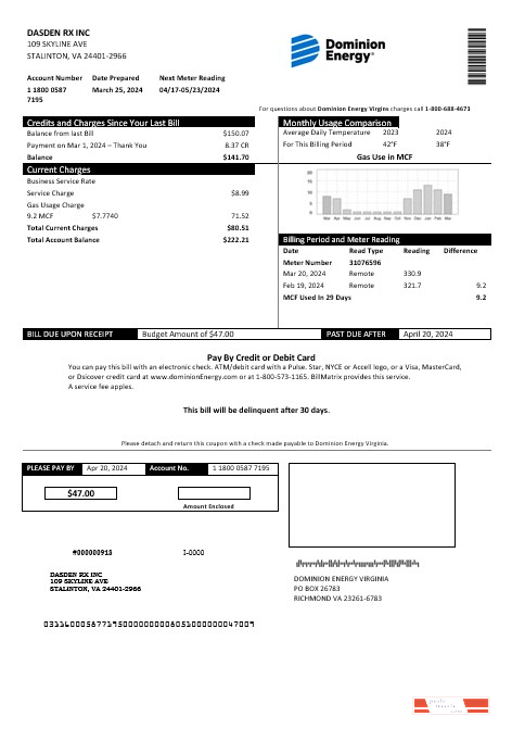 USA Dominion Energy business utility bill template in Word and PDF formats